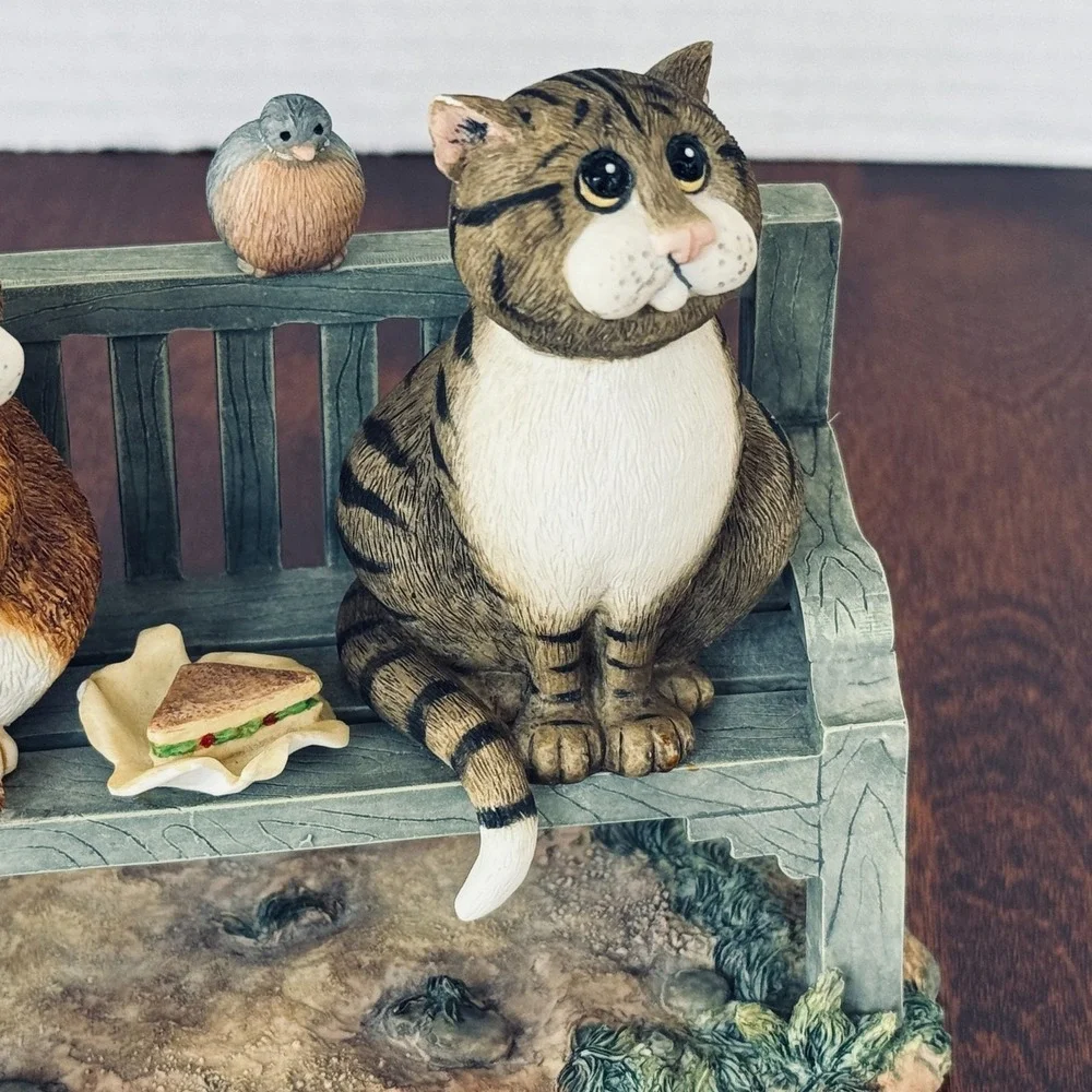 Comic & Curious Cats Linda Jane Smith THREE'S A CROWD Park Bench 2 Cats 1 Bird